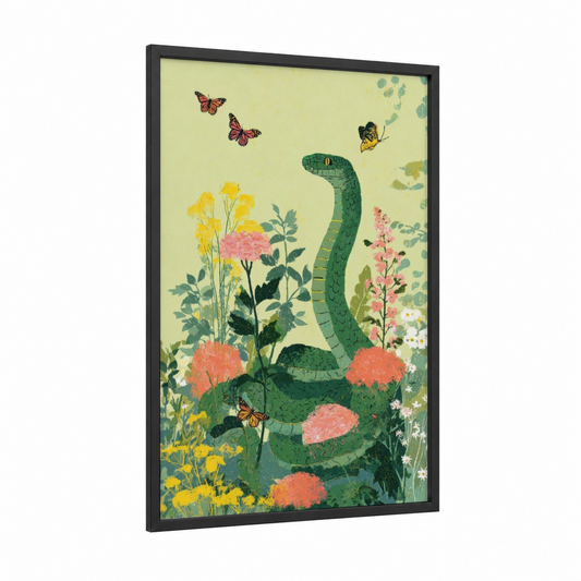 Garden Viper framed art print — black wood frame — yellow gold and green palette