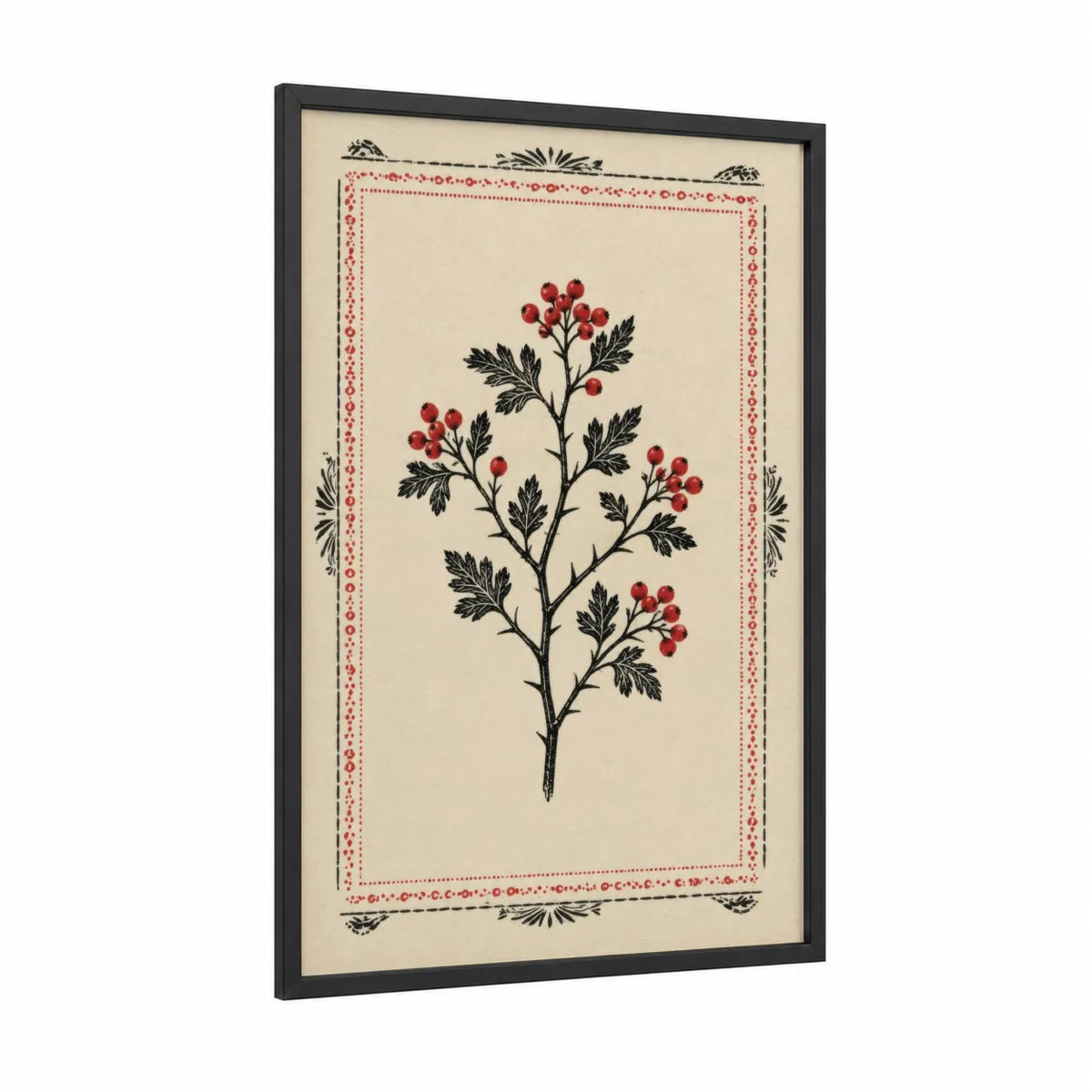 Vintage Botanical Berry Branch Wall Art framed plant print — black wood frame — red and black and white palette