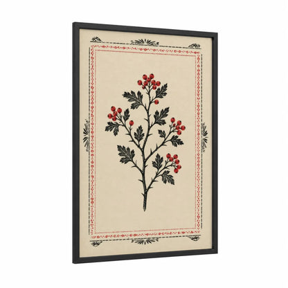 Vintage Botanical Berry Branch Wall Art framed plant print — black wood frame — red and black and white palette