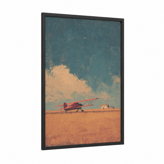 Vintage Biplane Landscape framed propeller plane print — black wood frame — orange and blue palette