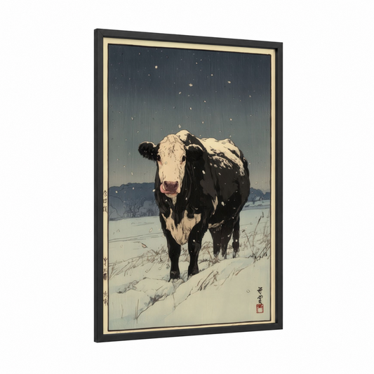 Snowy Angus framed angus cow print — black wood frame — black and white and blue palette