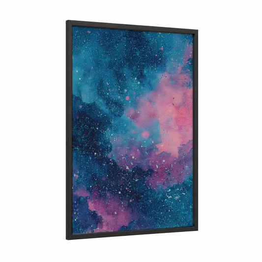 Cosmic Nebula framed galaxy print — black wood frame — teal and magenta palette