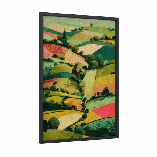 Patchwork Hillside framed green field print — black wood frame — yellow gold and true green palette