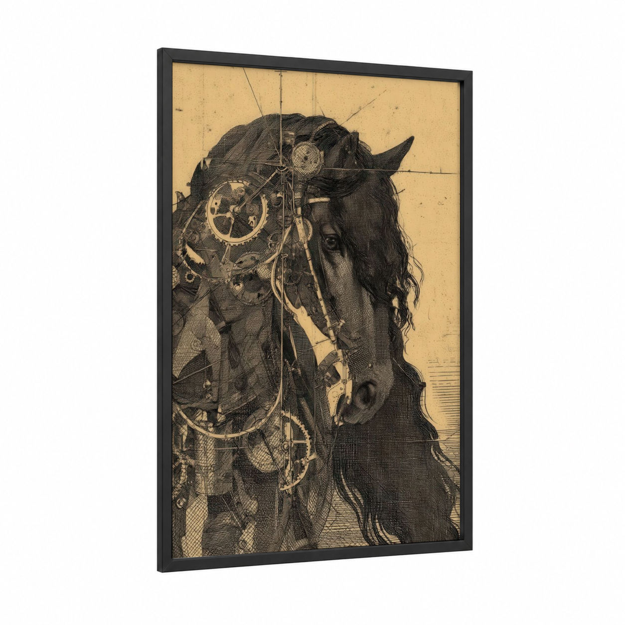 Steampunk Friesian framed friesian horse print — black wood frame — black and white and champagne gold palette