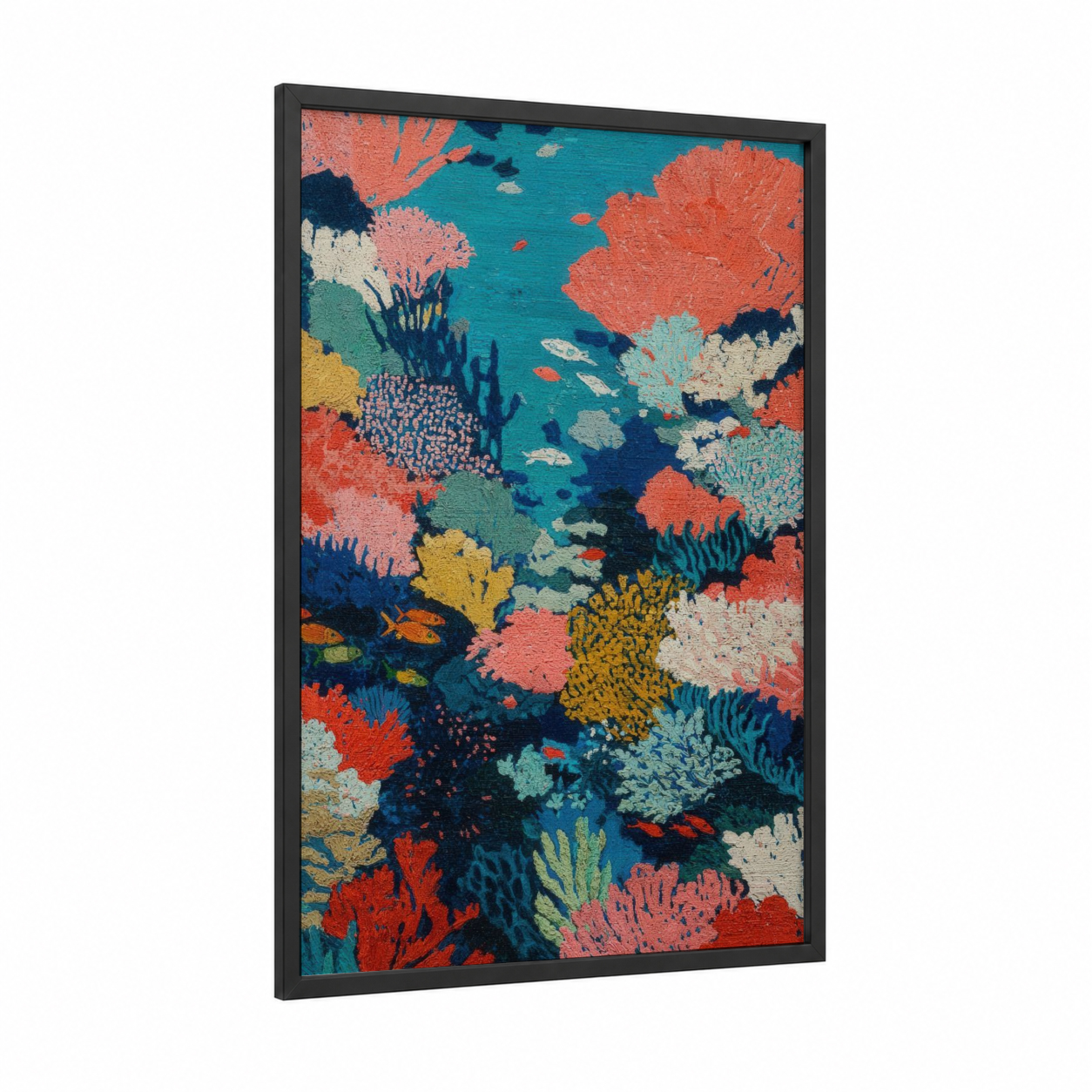 Vibrant Coral Reef framed art print — black wood frame — blue and orange palette