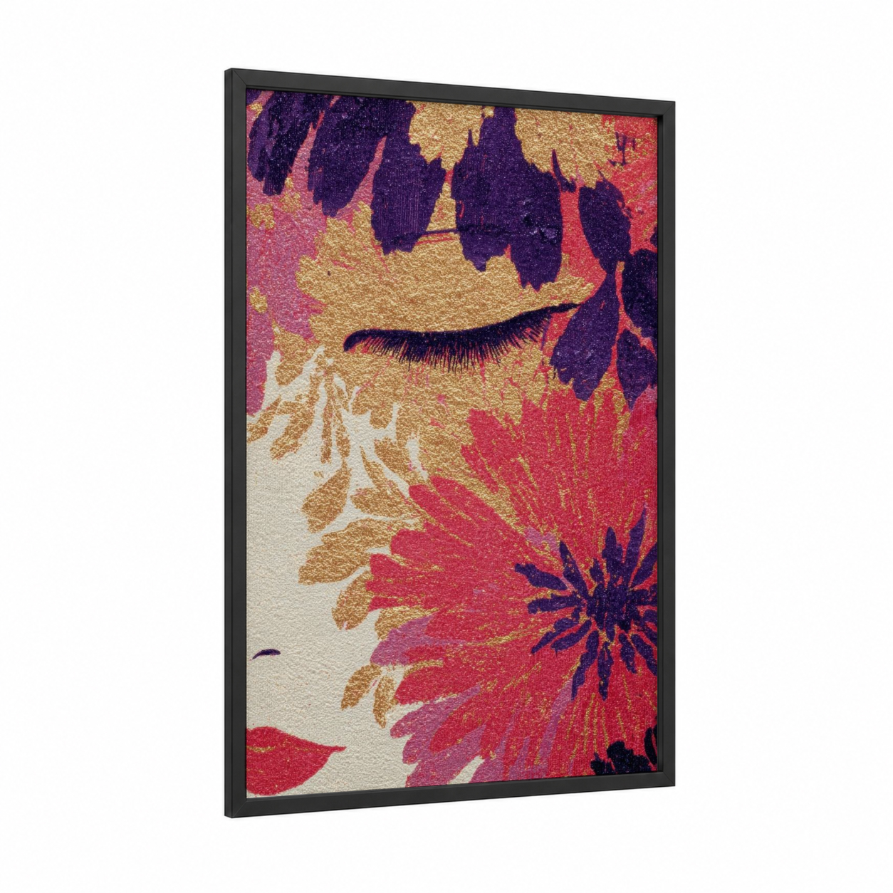 Glamorous Lashes framed make up print — black wood frame — magenta and gold palette