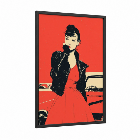 Classic Elegance framed vintage fashion print — black wood frame — red and black and white palette