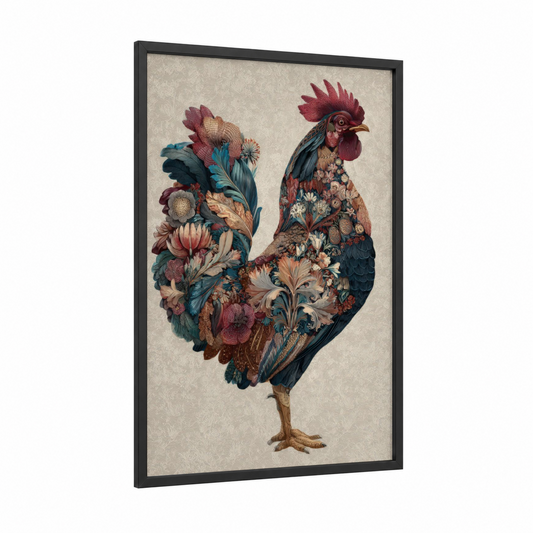 Floral Rooster framed chicken and roosters print — black wood frame — maroon and teal palette