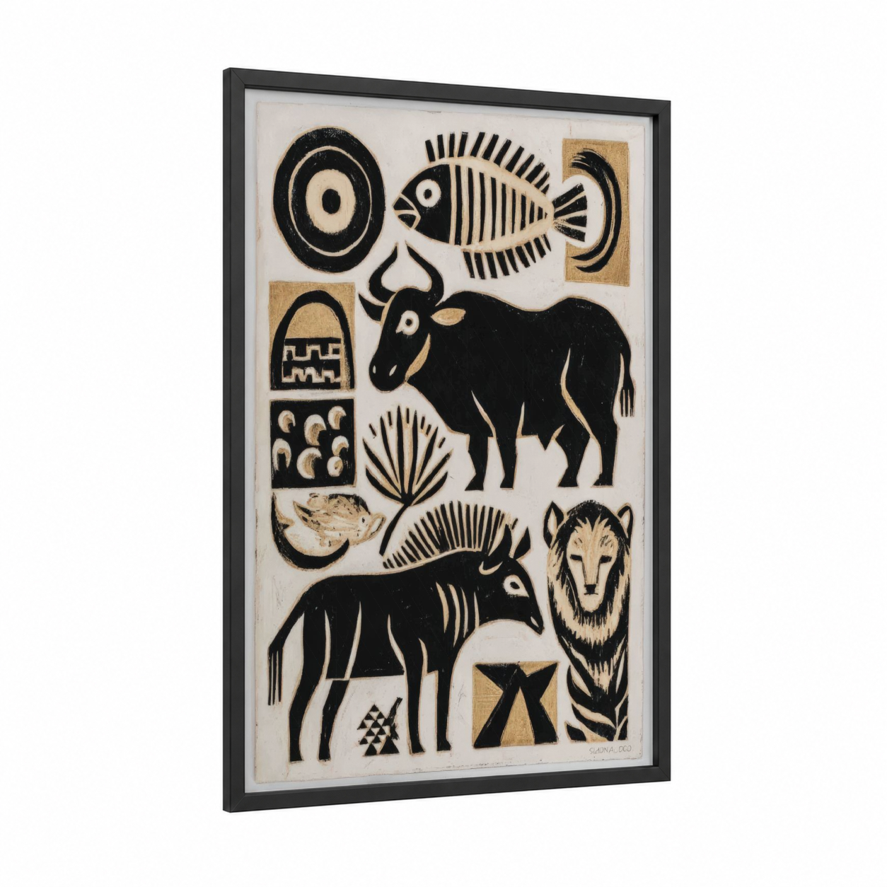 Tribal Symbols framed abstract traditional print — black wood frame — black and white and gold palette
