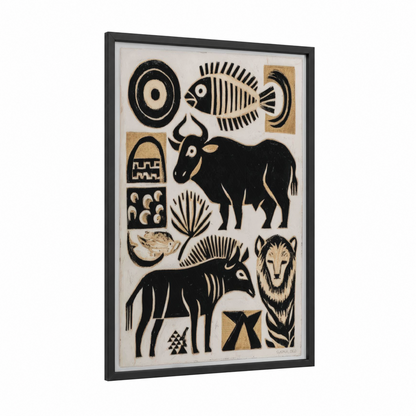 Tribal Symbols framed abstract traditional print — black wood frame — black and white and gold palette