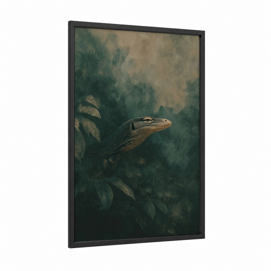 Emerald Lizard framed art print — black wood frame — dark green and brown palette