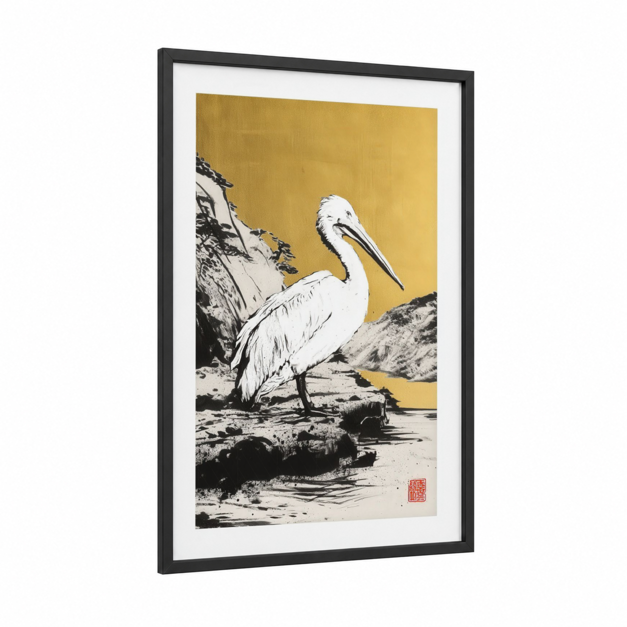 Golden Pelican framed art print — black wood frame — gold and black and white palette