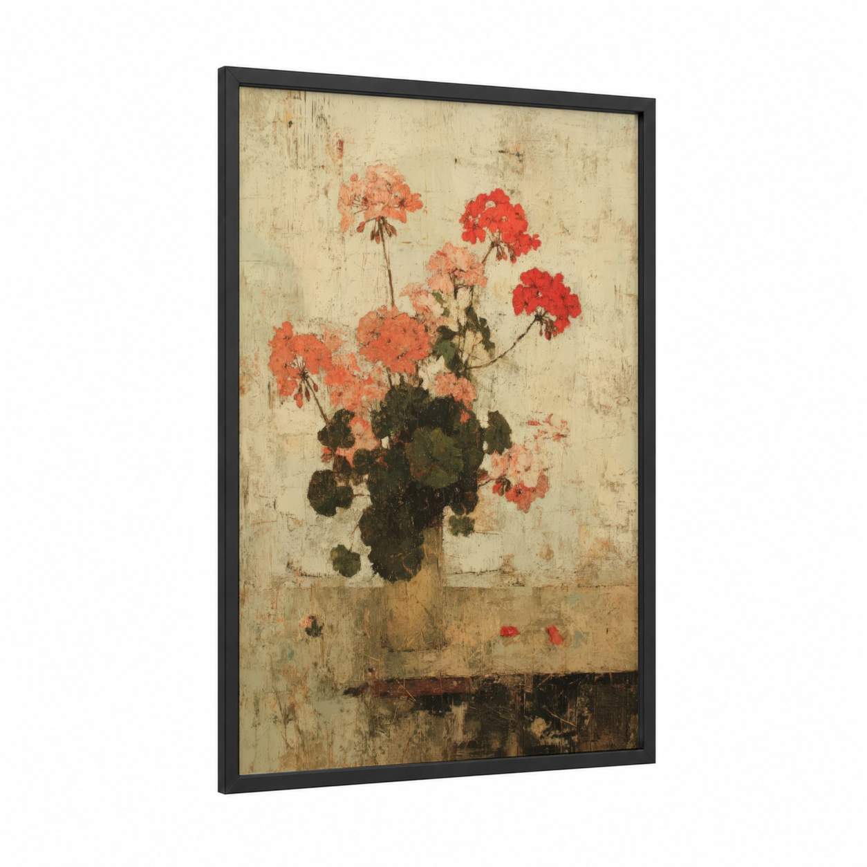 Geranium Floral Arrangement framed art print — black wood frame — cream and red palette