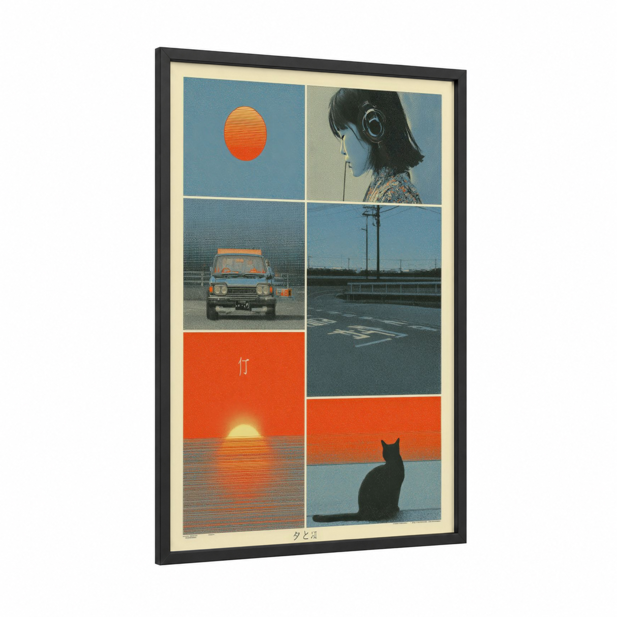 Neon Wanderer framed japanese y2k print — black wood frame — bermuda gray and pumpkin palette