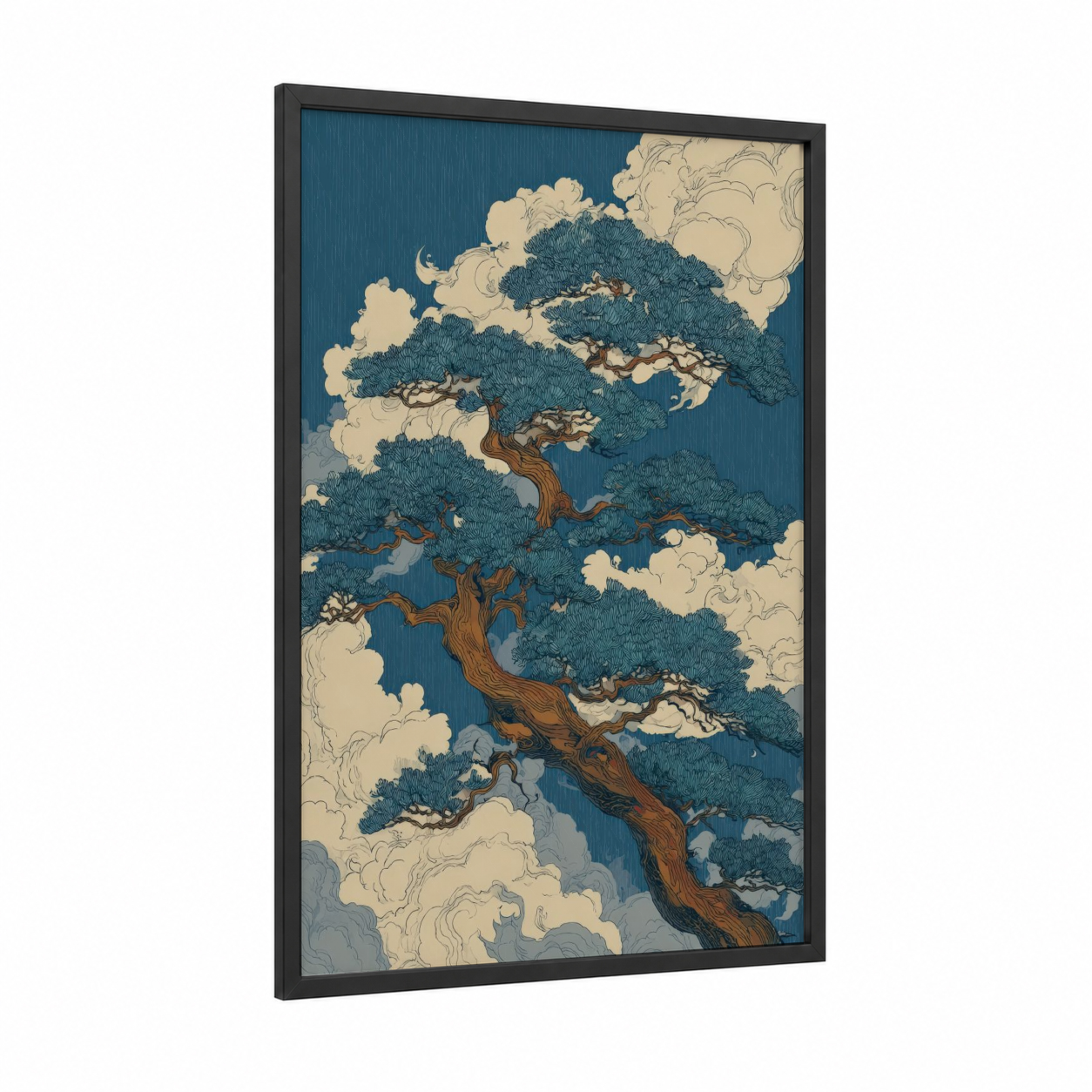 Majestic Kauri Tree framed art print — black wood frame — teal and cream palette