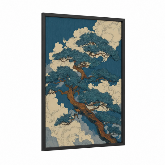 Majestic Kauri Tree framed art print — black wood frame — teal and cream palette