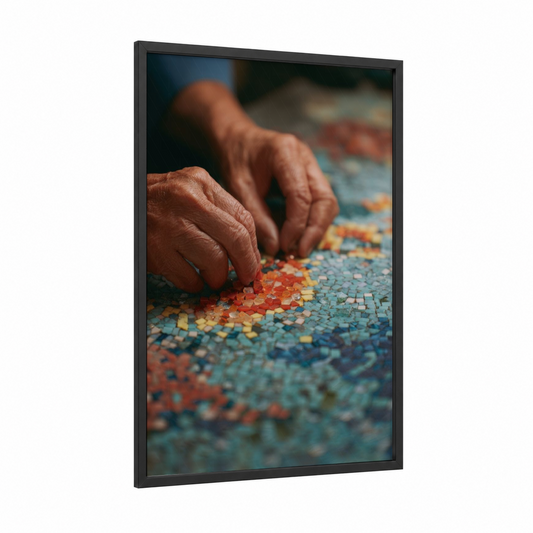 Artisan Mosaic Craft framed glassworking print — black wood frame — russet and aquamarine palette