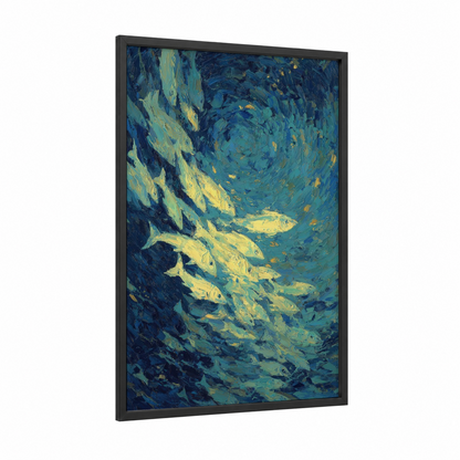 Golden Bass School framed art print — black wood frame — blue and gold and teal palette