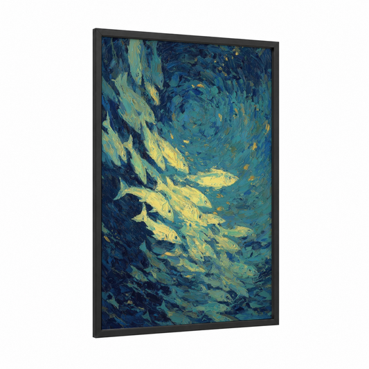 Golden Bass School framed art print — black wood frame — blue and gold and teal palette
