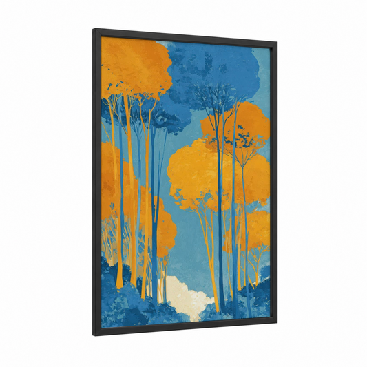 Golden Maple Forest framed art print — black wood frame — gold and blue palette