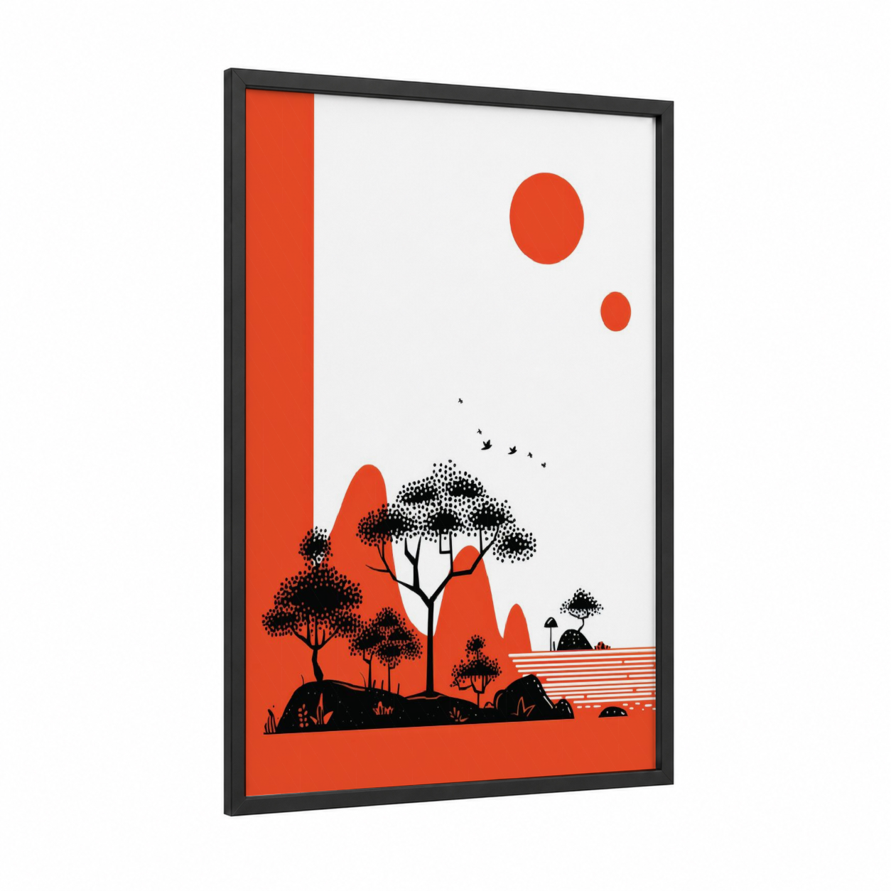 Savanna Sunset Silhouette framed savanna and desert trees print — black wood frame — orange and black palette