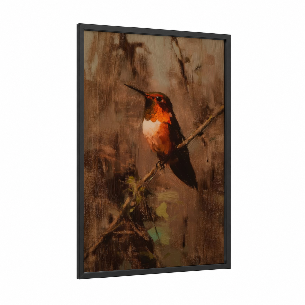 Crimson Hummingbird framed art print — black wood frame — russet and cream palette
