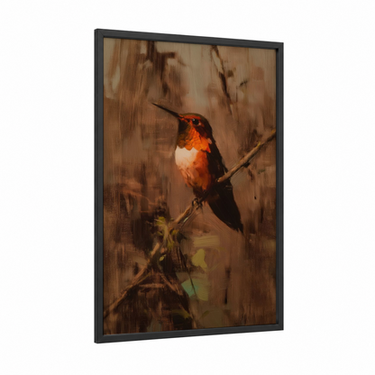 Crimson Hummingbird framed art print — black wood frame — russet and cream palette