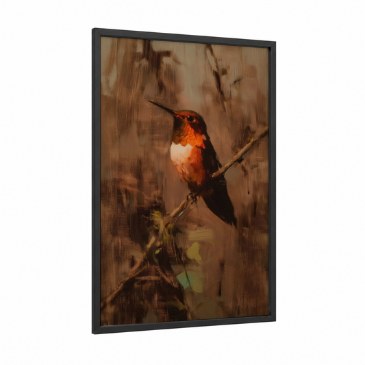 Crimson Hummingbird framed art print — black wood frame — russet and cream palette