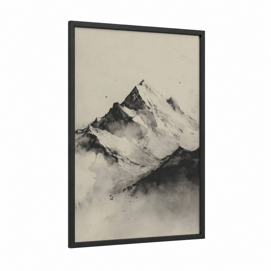 Snowy Everest framed mount everest print — black wood frame — black and white and gray palette