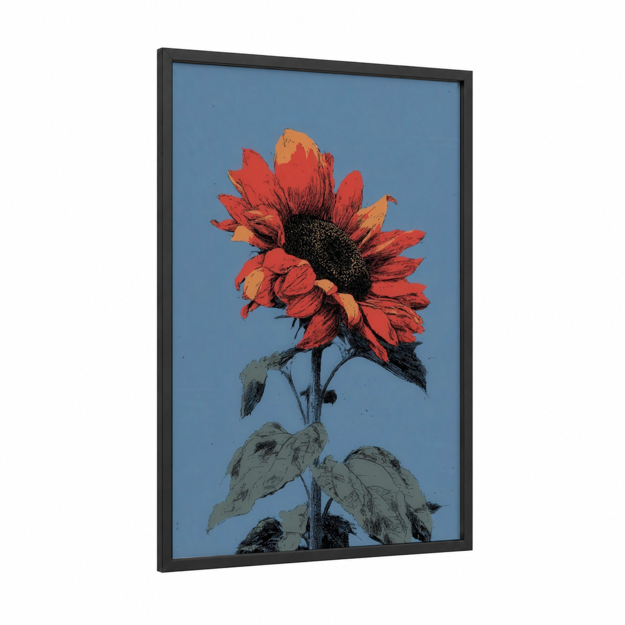 Crimson Sunflower framed art print — black wood frame — red and blue palette