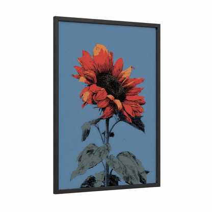 Crimson Sunflower framed art print — black wood frame — red and blue palette