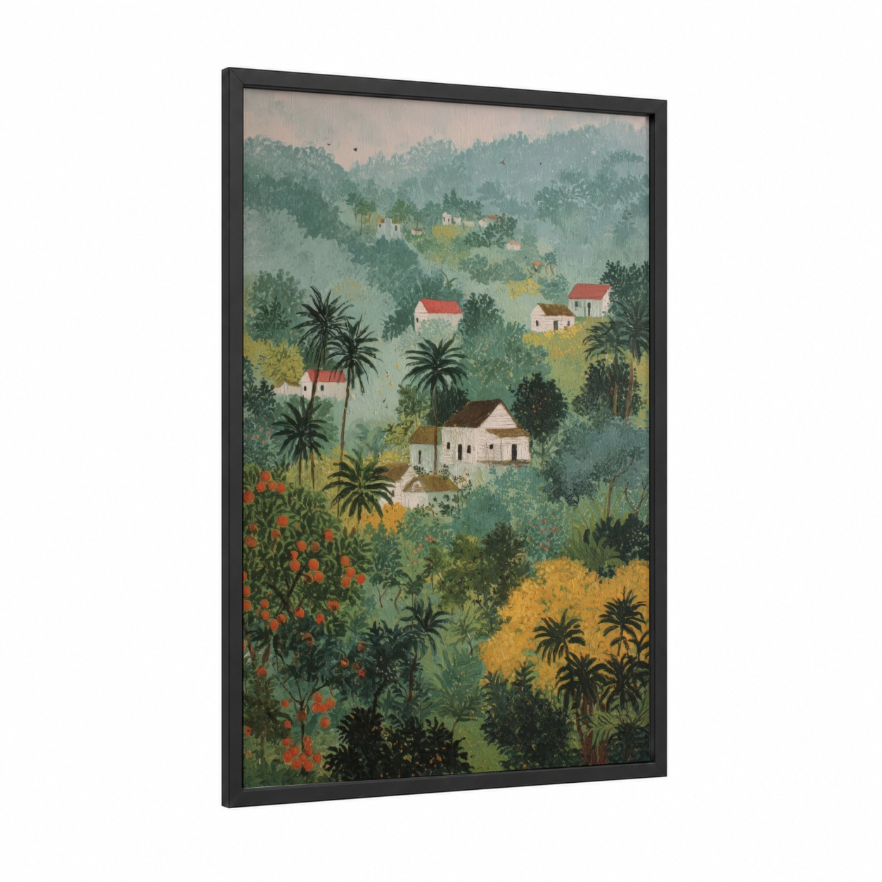 Tropical Village Landscape framed tropical trees print — black wood frame — green and gold palette