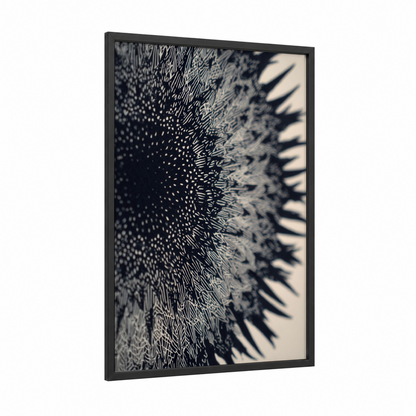 Monochrome Urchin framed sea urchin print — black wood frame — black and white palette