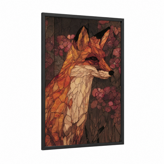 Autumn Fox framed art print — black wood frame — gold and russet palette