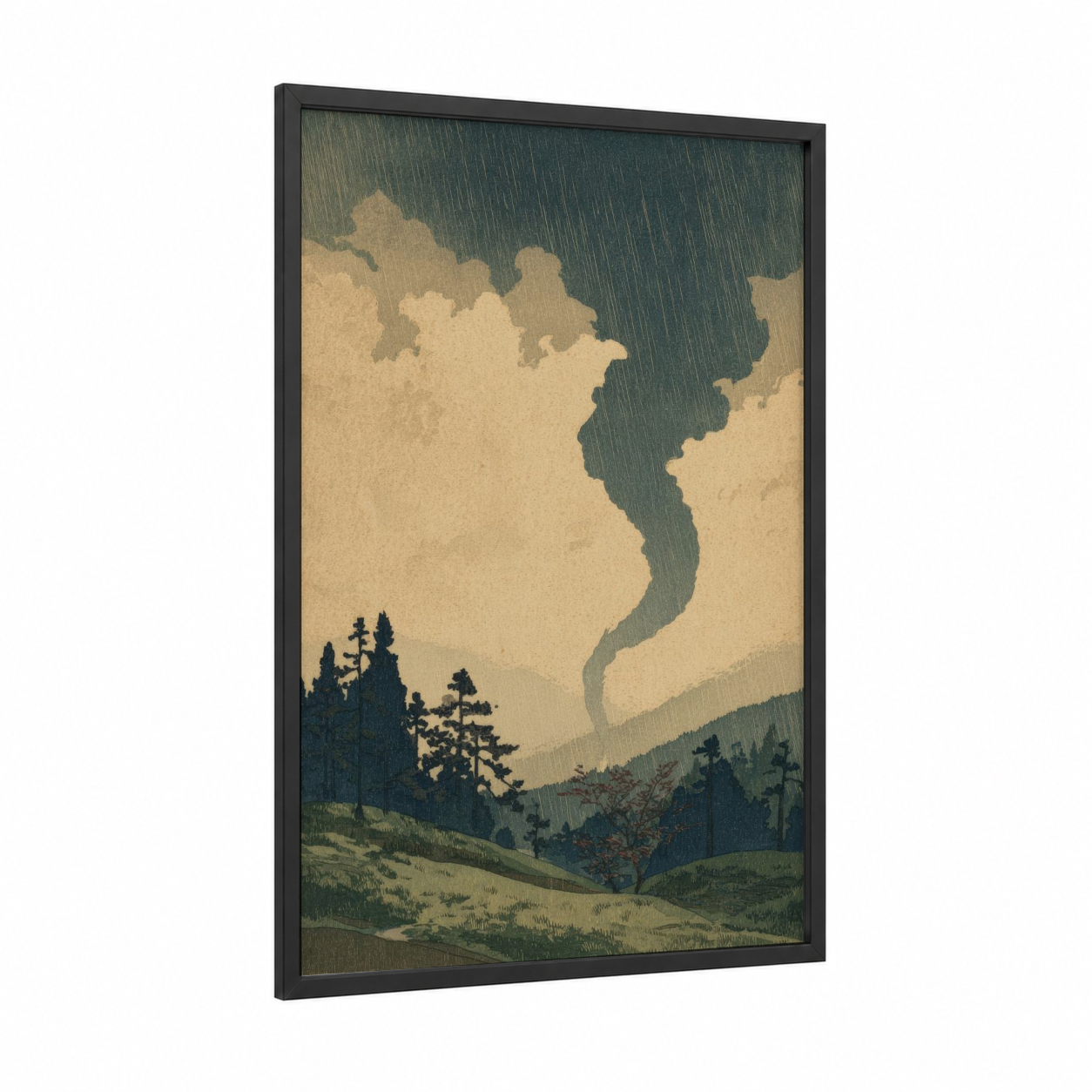 Stormy Tornado Valley framed art print — black wood frame — beige and dark green palette