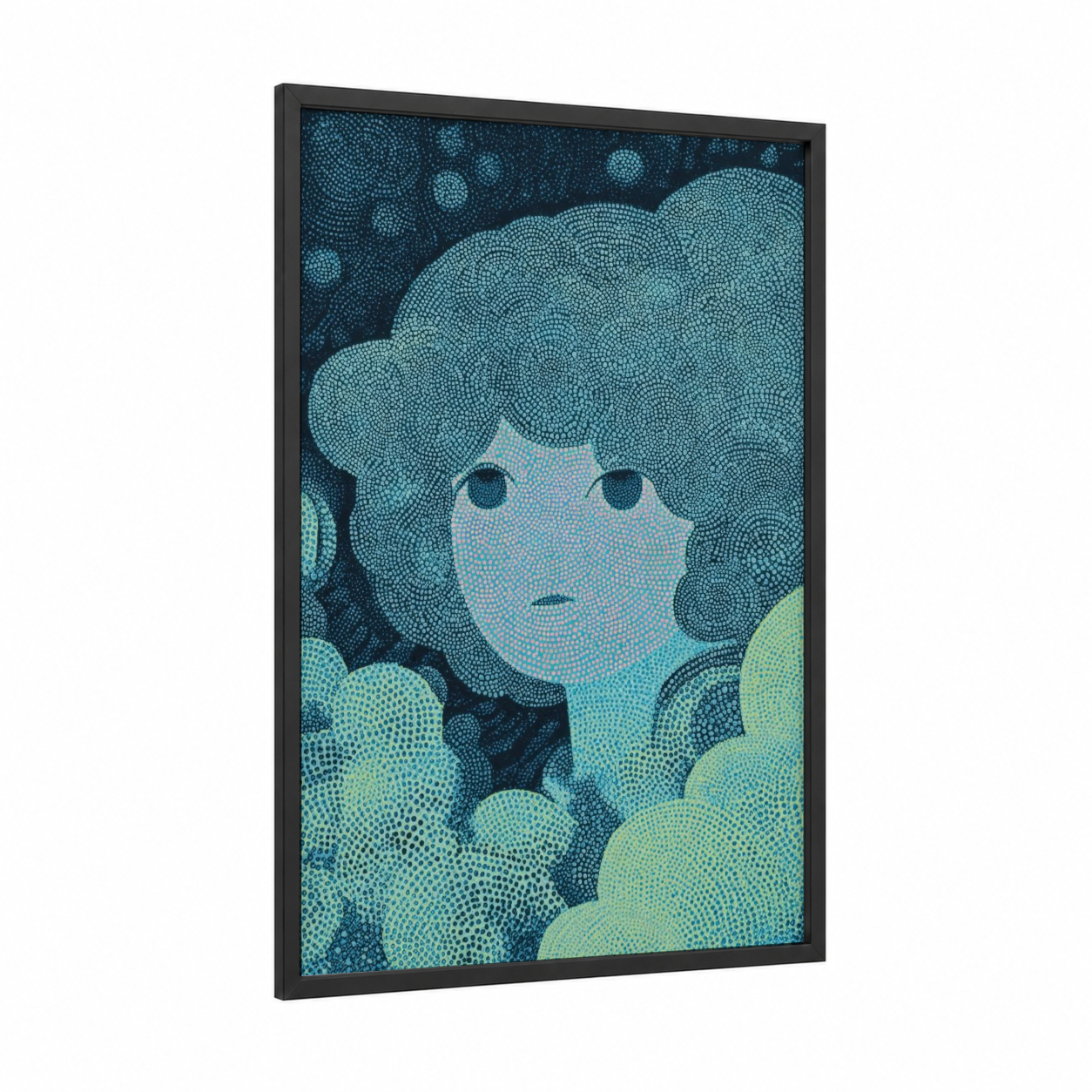 Dreaming Siren framed art print — black wood frame — teal and blue palette