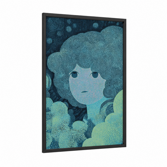 Dreaming Siren framed art print — black wood frame — teal and blue palette