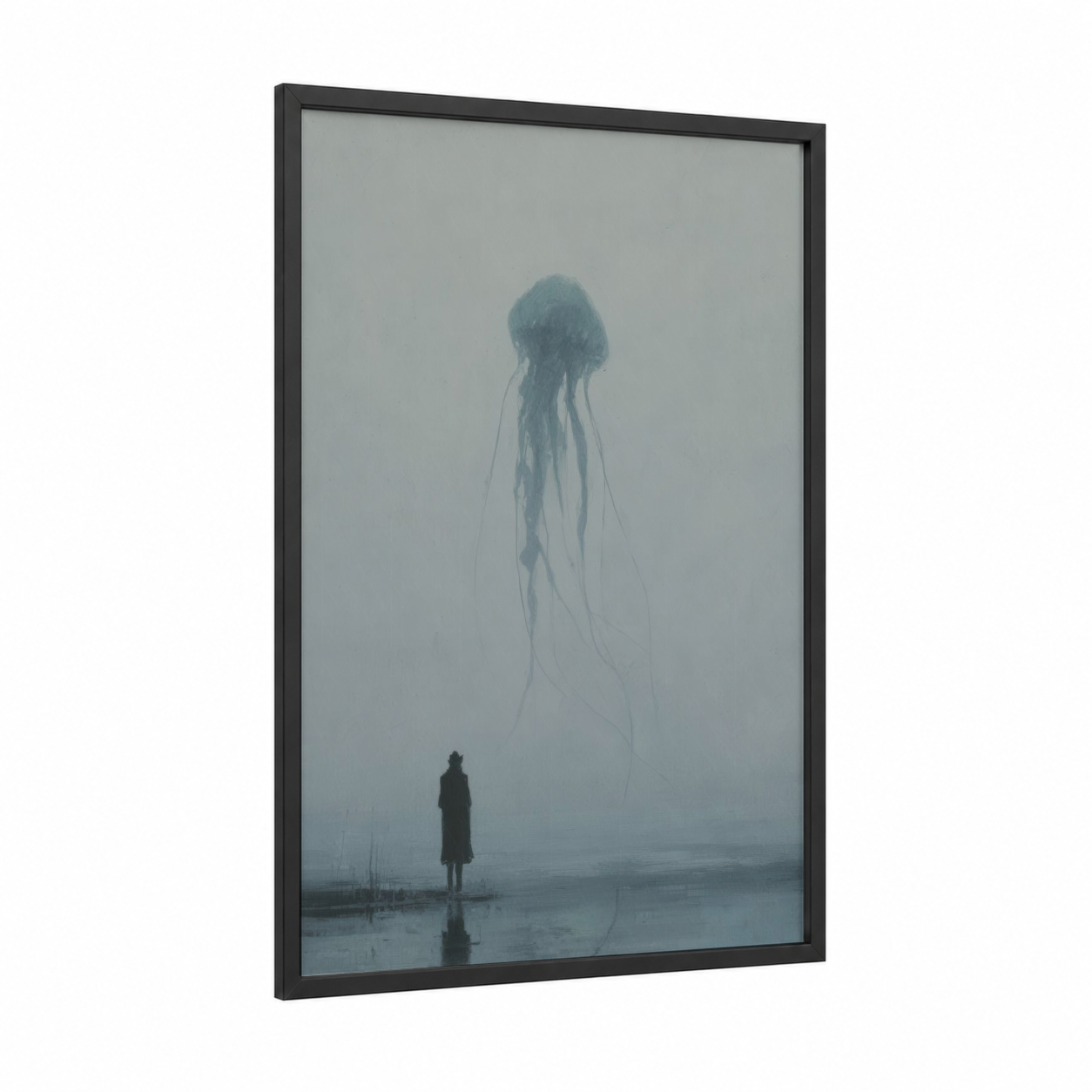 Ethereal Jellyfish framed art print — black wood frame — gray and blue palette