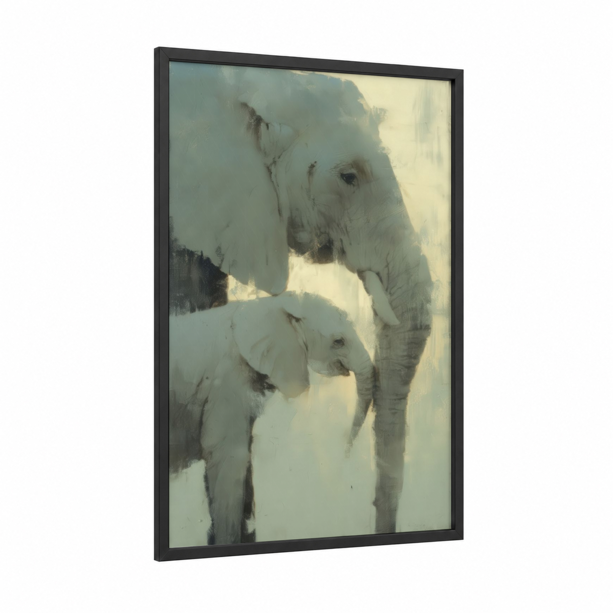 Snowy Elephant Bond framed savanna elephant print — black wood frame — white and gray palette