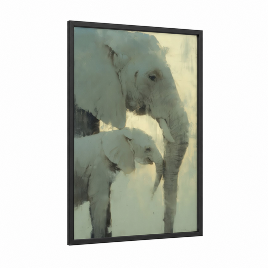 Snowy Elephant Bond framed savanna elephant print — black wood frame — white and gray palette
