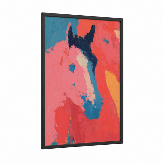 Racing Spirit framed horse racing print — black wood frame — red and blue palette