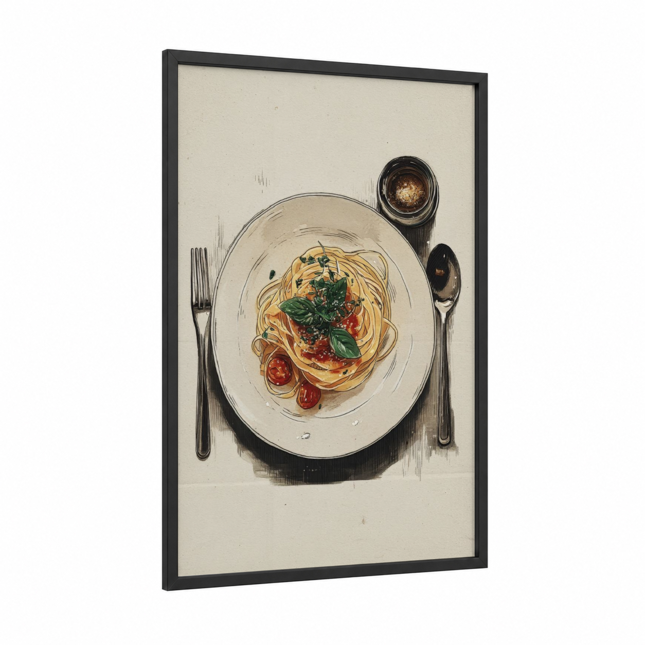 Tomato Basil Pasta framed art print — black wood frame — cream and gold palette