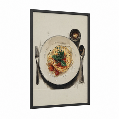 Tomato Basil Pasta framed art print — black wood frame — cream and gold palette