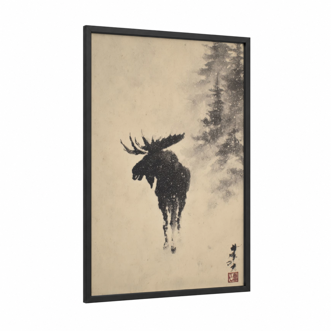 Snowy Moose framed art print — black wood frame — black and white and cream palette
