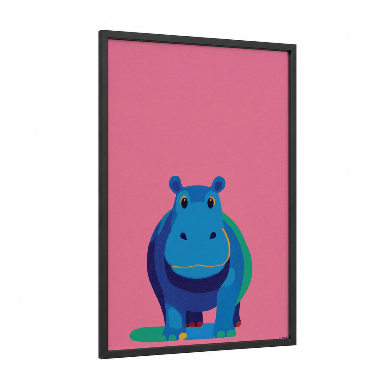 Smiling Hippo framed art print — black wood frame — blue and pink palette