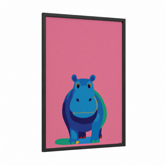 Smiling Hippo framed art print — black wood frame — blue and pink palette