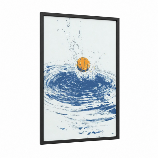 Dynamic Water Splash framed water polo print — black wood frame — blue and gold palette