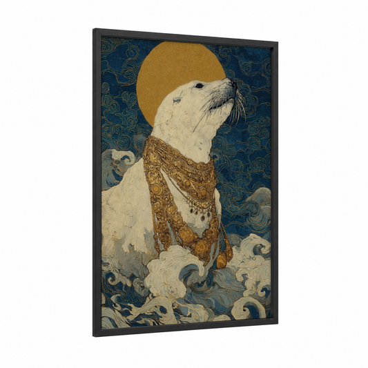 Celestial Seal framed art print — black wood frame — gold and dark blue palette