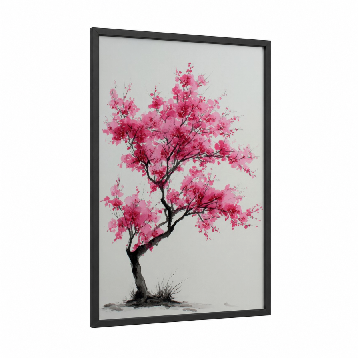 Pink Blossom Tree framed cherry blossoms print — black wood frame — pink and black and white palette
