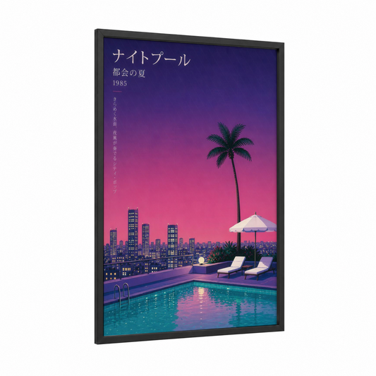 Rooftop Pool Sunset Cityscape Wall Art framed skyscraper print — black wood frame — purple and pink palette